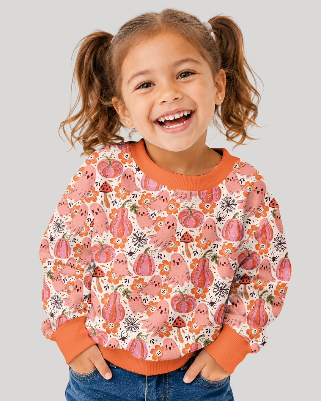 Pink Ghost Pumpkin Fall Floral Halloween Bamboo Crewneck Sweatshirt