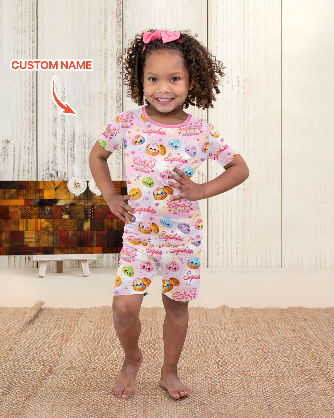 Birthday Girl Glitter Dumpling Bamboo Two Piece Short Sleeve Shorts Pajama Set