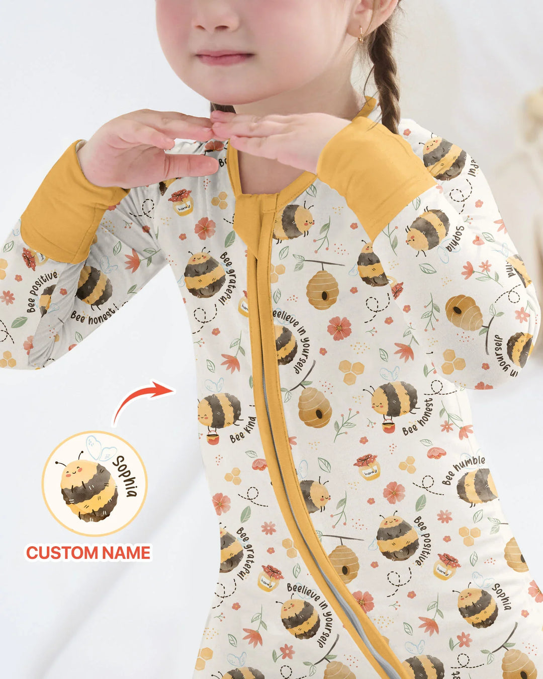 Mameluco convertible de bambú con cremallera y nombre personalizado Bee Kind