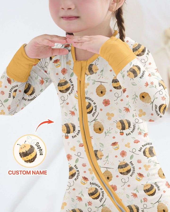 Mameluco convertible de bambú con cremallera y nombre personalizado Bee Kind