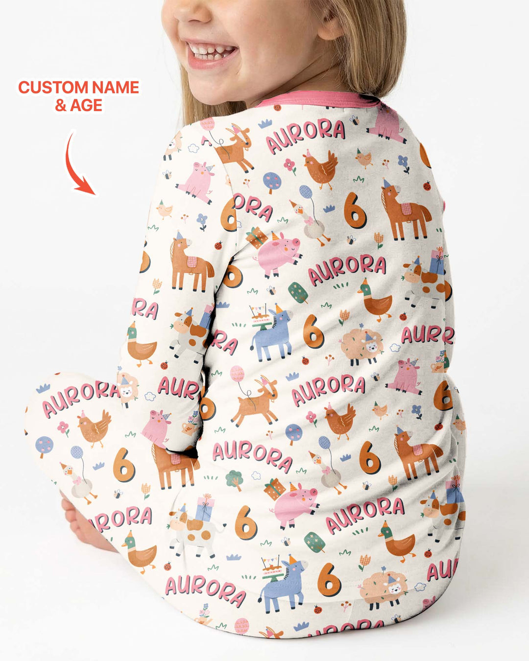 Personalized Farm Animals Birthday Bamboo Two Piece Long Sleeve Pajama Set