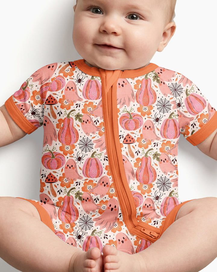 Pink Ghost Pumpkin Fall Floral Halloween Bamboo Shorty Zippy