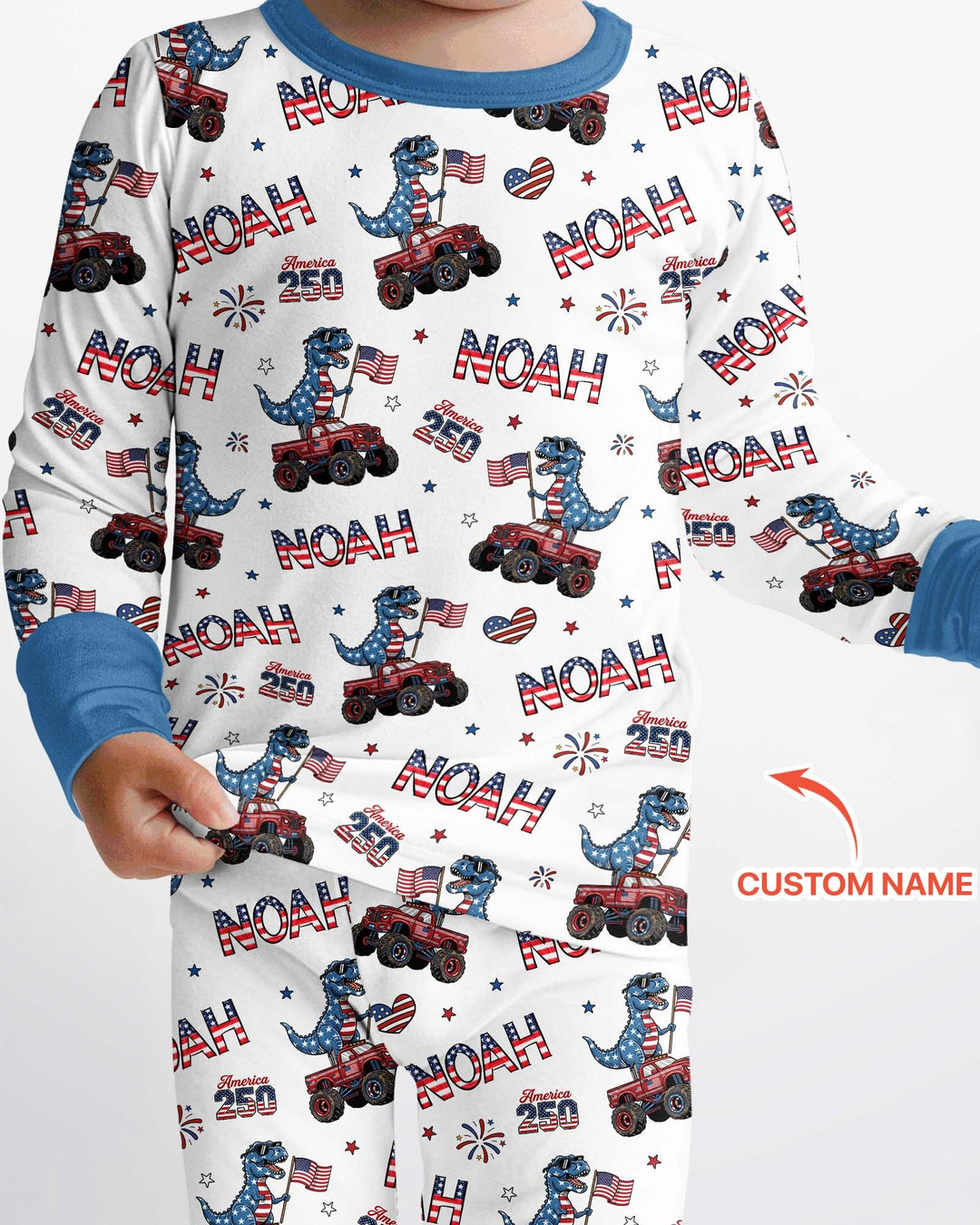 Custom Name American Flag Dinosaur Bamboo Two Piece Long Sleeve Pajama Set