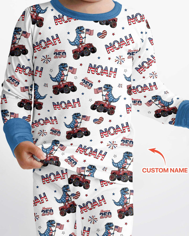 Custom Name American Flag Dinosaur Bamboo Two Piece Long Sleeve Pajama Set