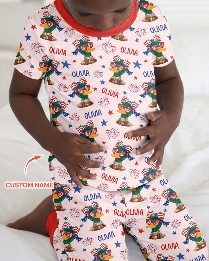 Custom Name Patriotic Mallard Duck Bamboo Two Piece Short Sleeve Pajama Set