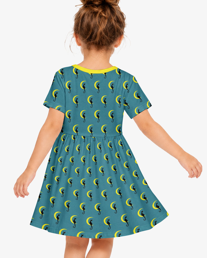 Black Cat Crescent Moon Celestial Night Bamboo Twirl Dress