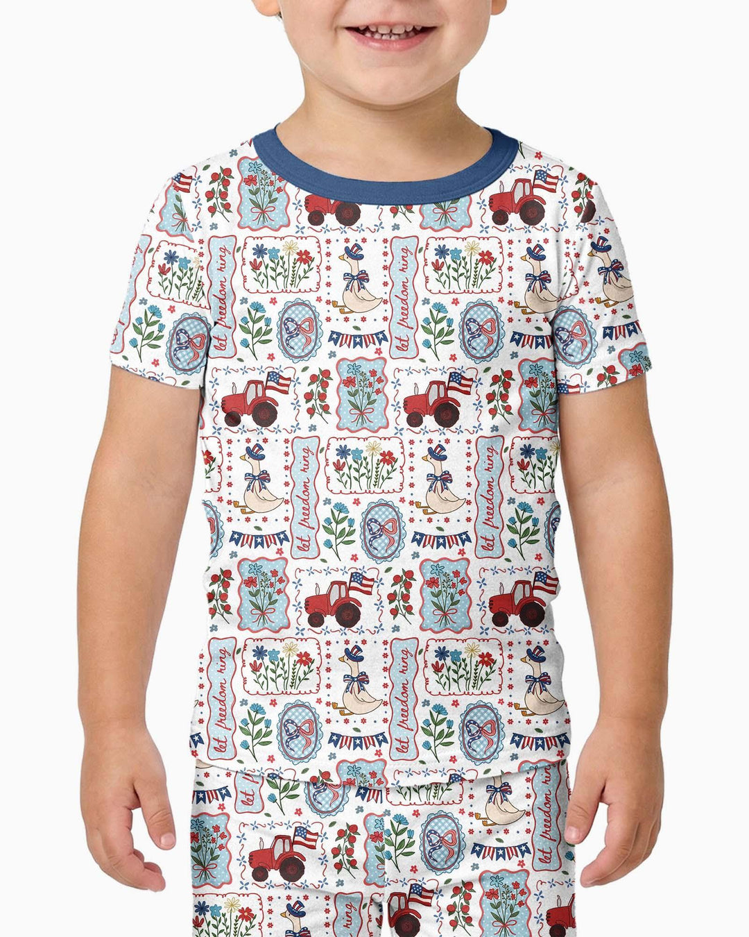 Pijama de dos piezas de bambú de manga corta a juego para la familia, diseño de ganso tonto, estilo patriótico de EE. UU.