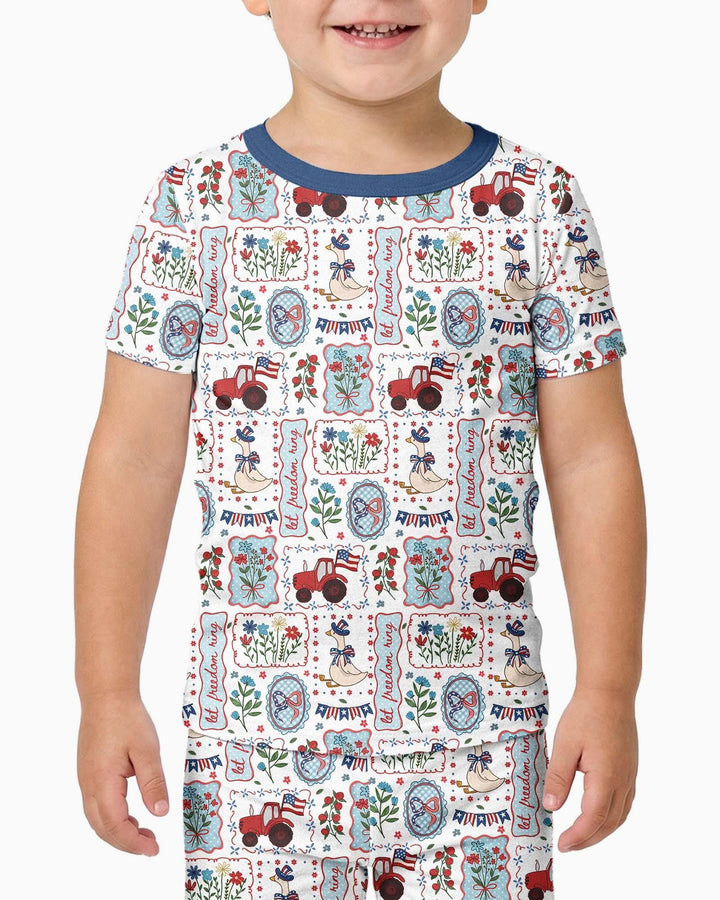 Pijama de dos piezas de bambú de manga corta a juego para la familia, diseño de ganso tonto, estilo patriótico de EE. UU.
