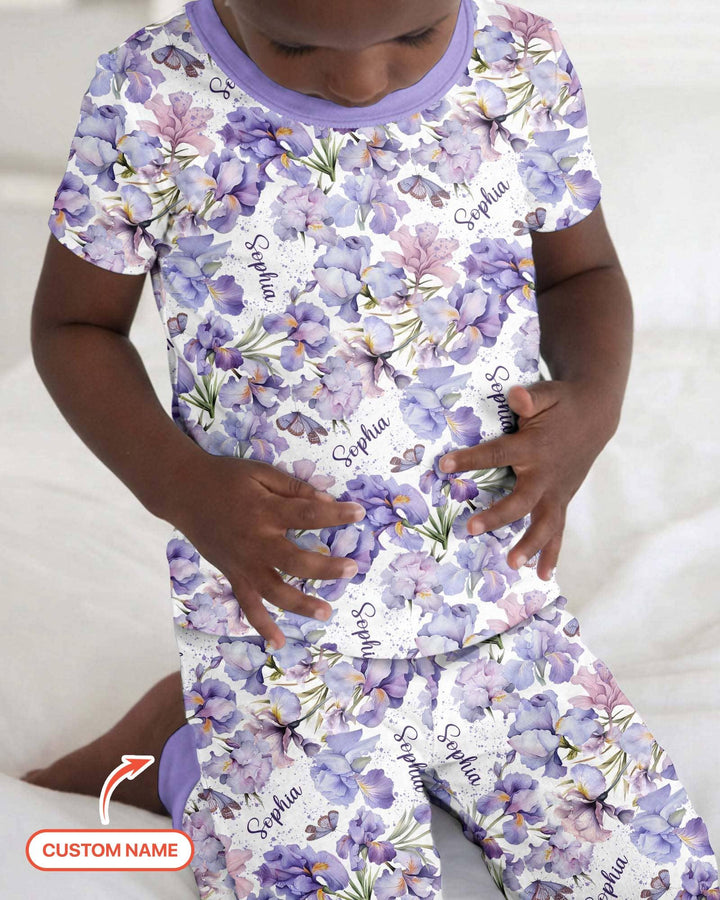 Custom Name Birth Month Flowers Bamboo Two Piece Short Sleeve Pajama Set