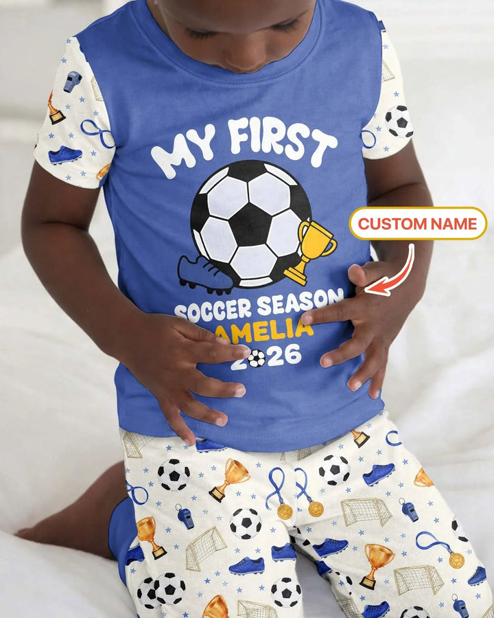 Custom Name My First Soccer Season Bamboo Two Piece Short Sleeve Pajama Set