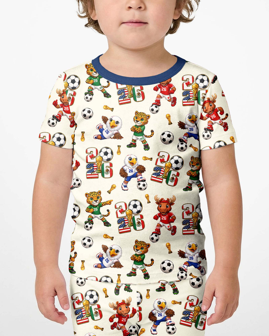 Cute Soccer Mascots USA CAN MEX Bamboo Two Piece Short Sleeve Shorts Pajama Set