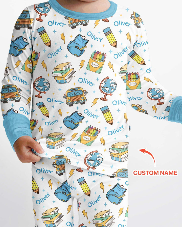 Custom Name Back To School Bamboo Two Piece Long Sleeve Pajama Set
