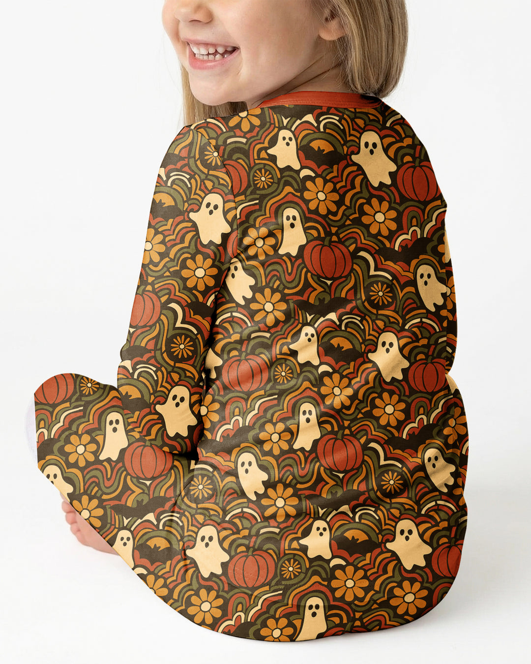 Retro Halloween Ghost Pumpkin Floral Bamboo Two Piece Long Sleeve Pajama Set