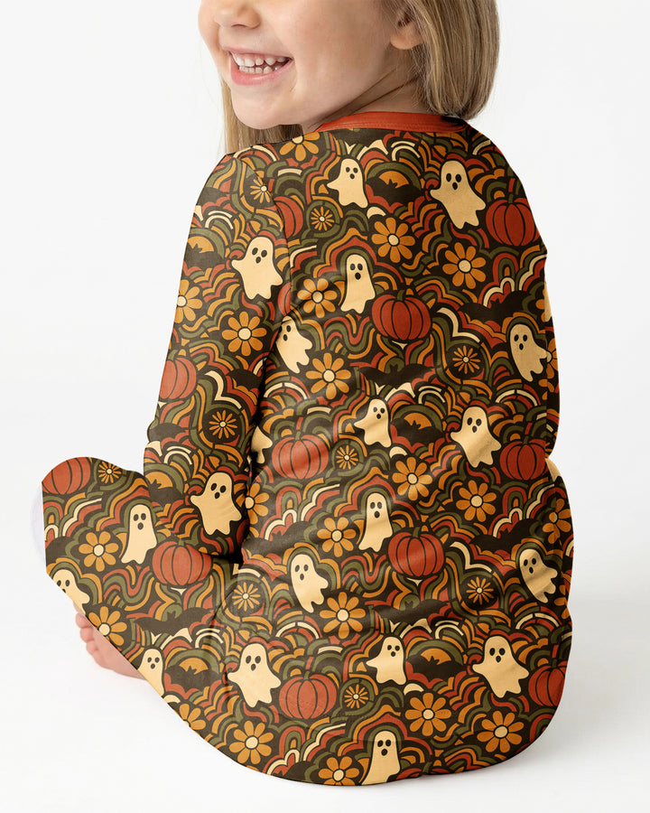 Retro Halloween Ghost Pumpkin Floral Bamboo Two Piece Long Sleeve Pajama Set