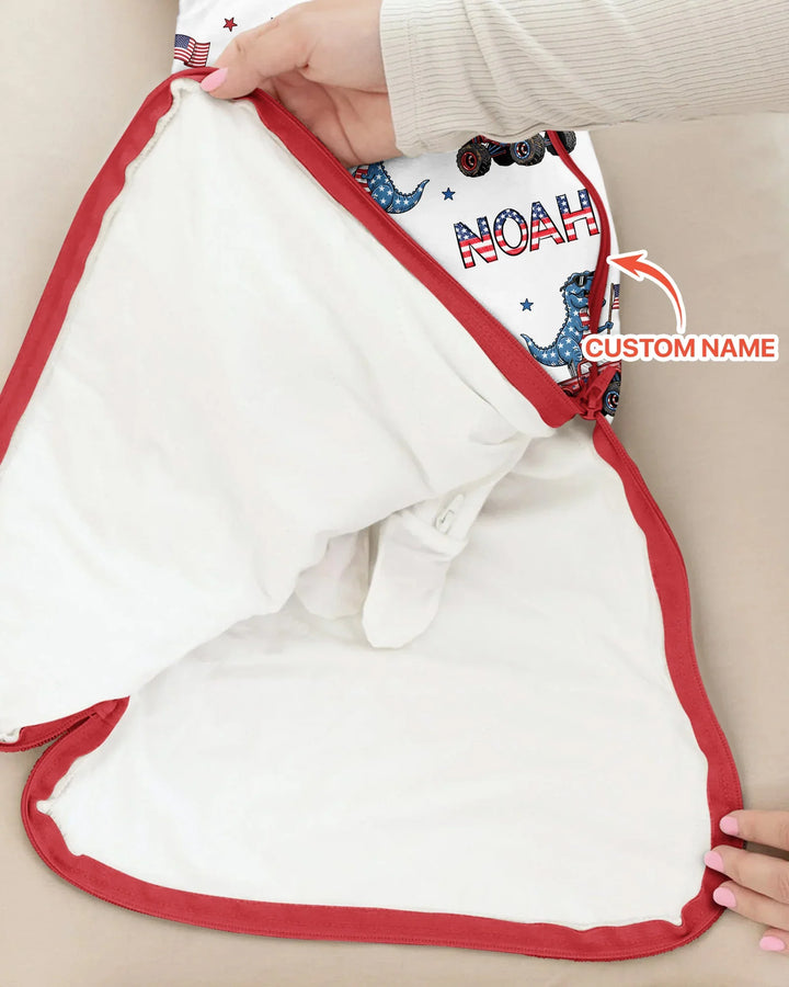 Custom Name American Flag Dinosaur Bamboo Sleep Bag