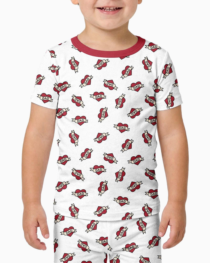 Old School Dad Hearts Daddy & Me Matching Bamboo Two Piece Short Sleeve Pajama Set