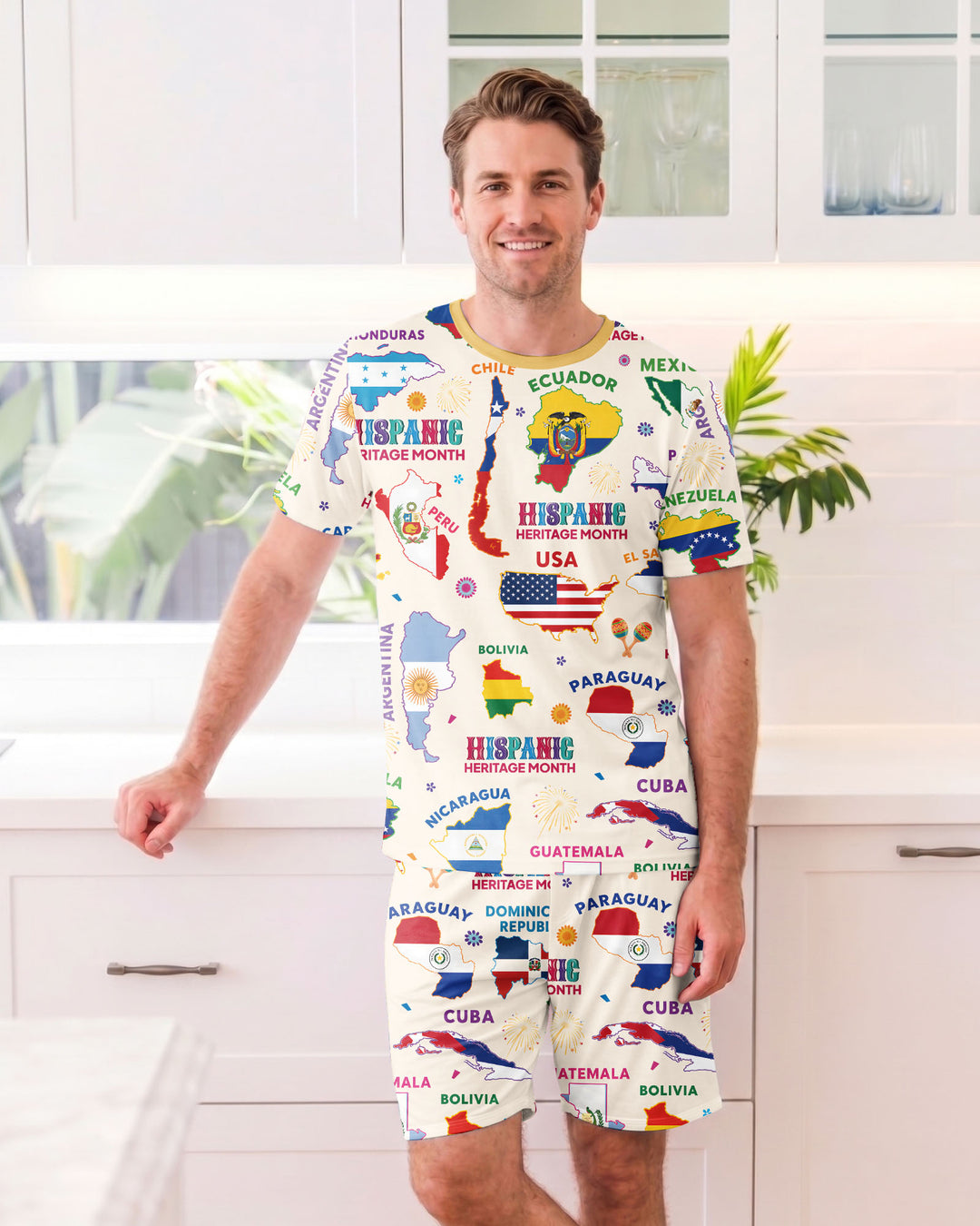Hispanic Heritage Month Country Flags Bamboo Men Short Sleeve Short Pajama Set