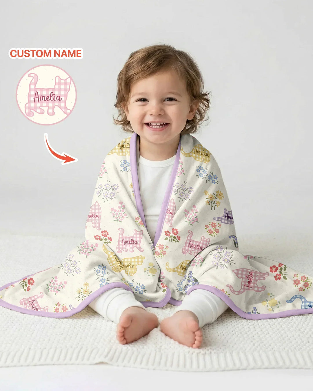 Manta de bambú Gingham Cats con nombre personalizado