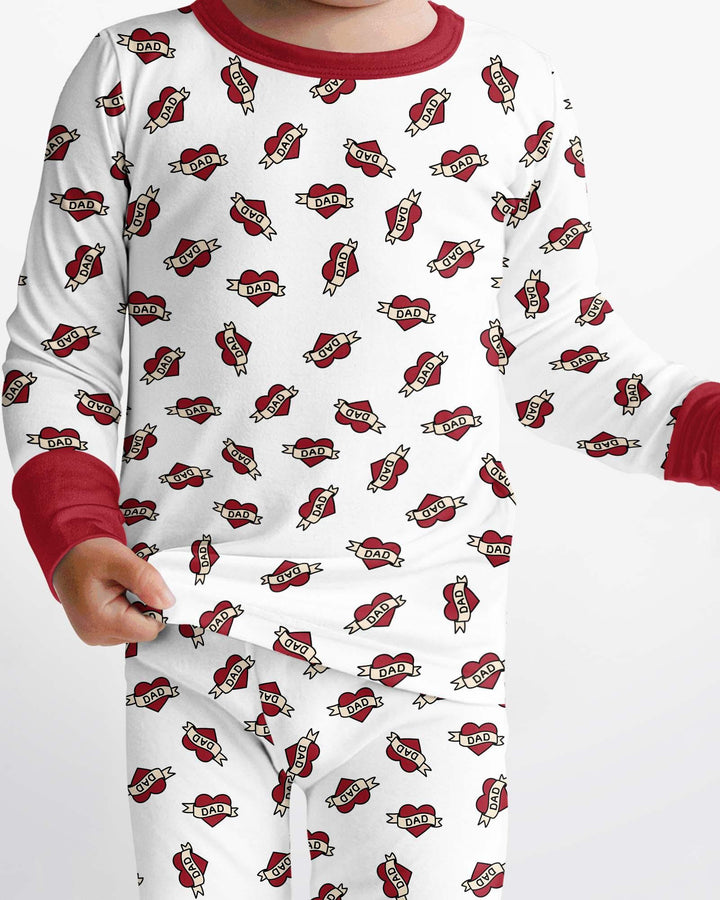 Old School Dad Hearts Daddy & Me Matching Bamboo Two Piece Long Sleeve Pajama Set