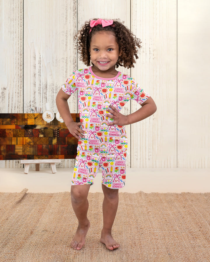 Kindness School Girl Bamboo Two Piece Short Sleeve Shorts Pajama Set