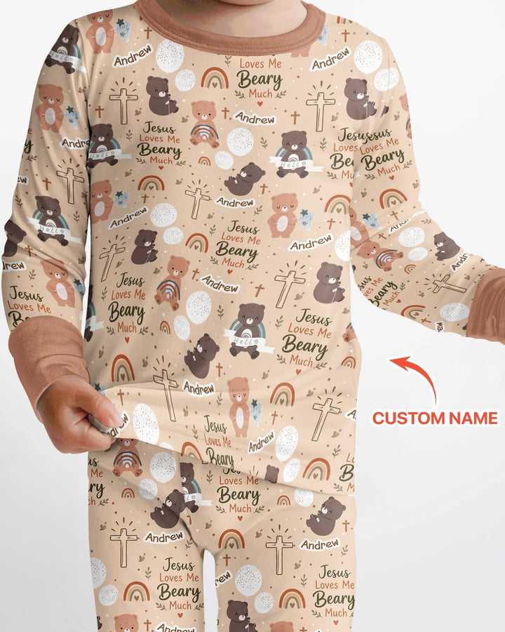 Custom Name Jesus Loves Me Beary Much Bamboo Two Piece Long Sleeve Pajama Set