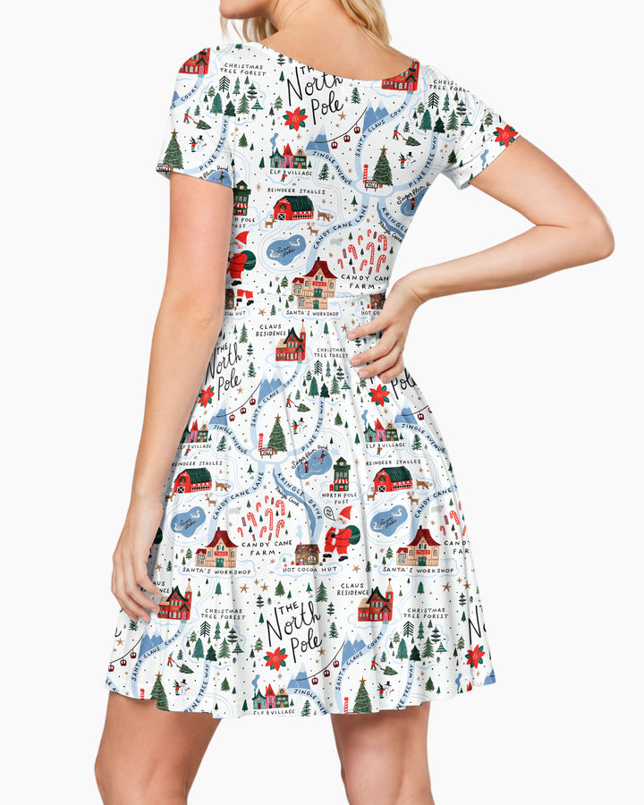 The North Pole Map Bamboo Women’s Short Sleeve Twirl Dress