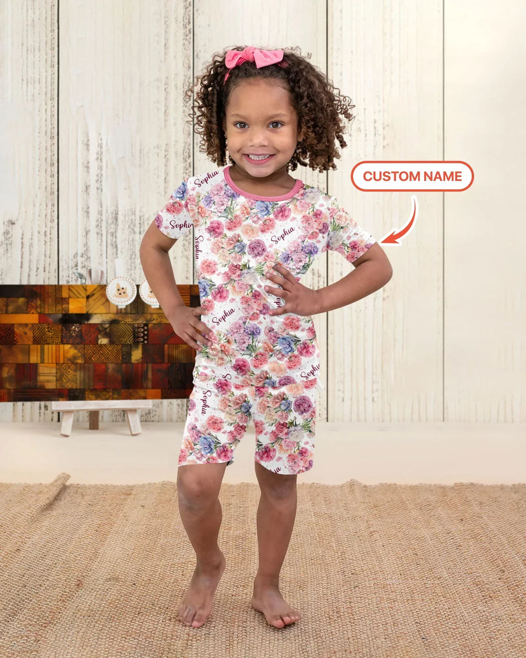 Custom Name Birth Month Flowers Bamboo Two Piece Short Sleeve Shorts Pajama Set