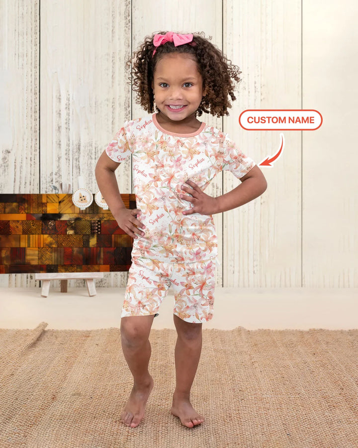 Custom Name Birth Month Flowers Bamboo Two Piece Short Sleeve Shorts Pajama Set