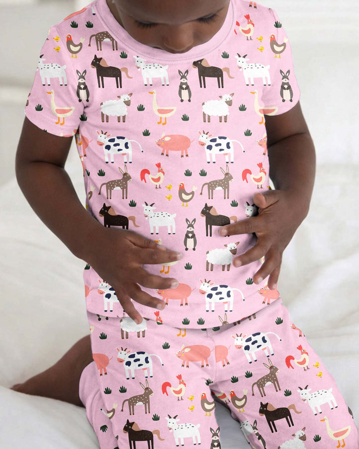 Pink Farm Animals Bamboo Two Piece Short Sleeve Pajama Set