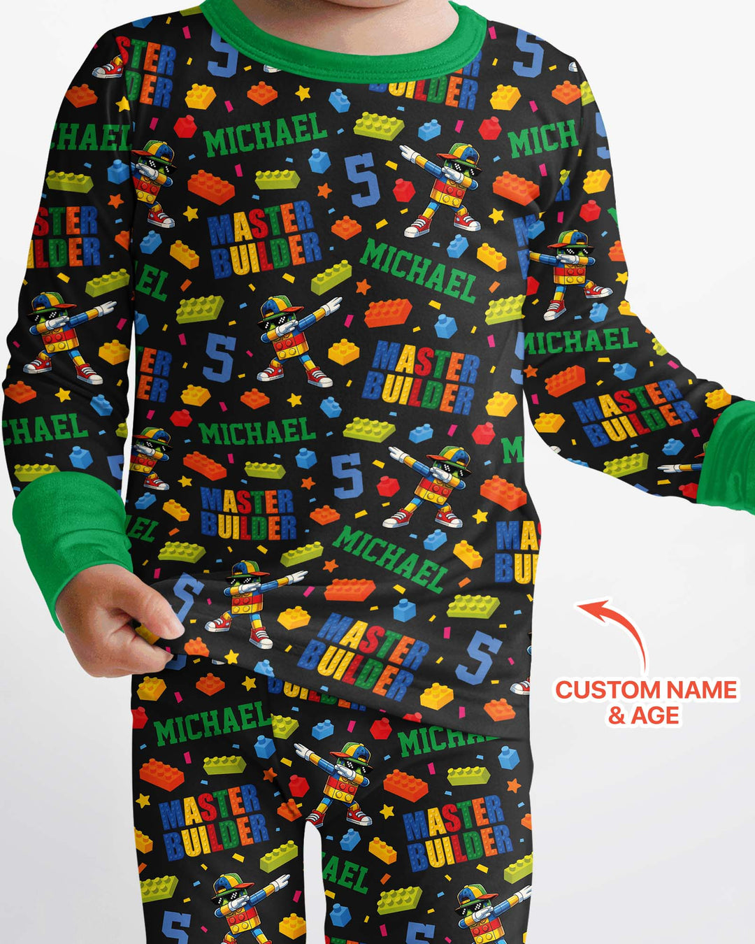 Custom Name and Age Master Builder Birthday Bamboo Two Piece Long Sleeve Pajama Set