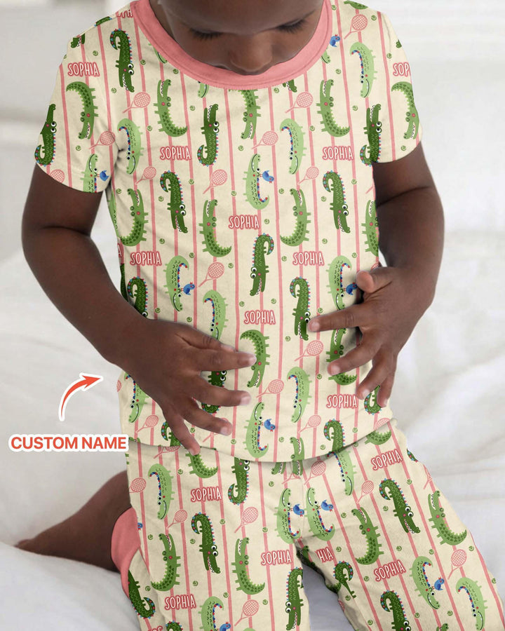 Custom Name Tennis Crocodiles Bamboo Two Piece Short Sleeve Pajama Set