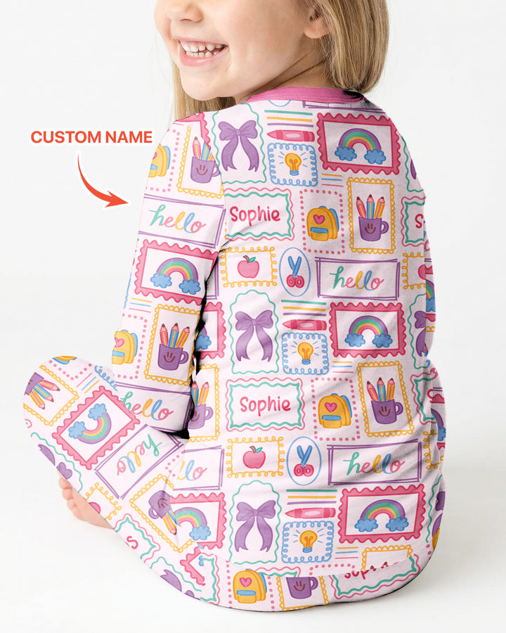 Custom Name Hello School Bamboo Two Piece Long Sleeve Pajama Set