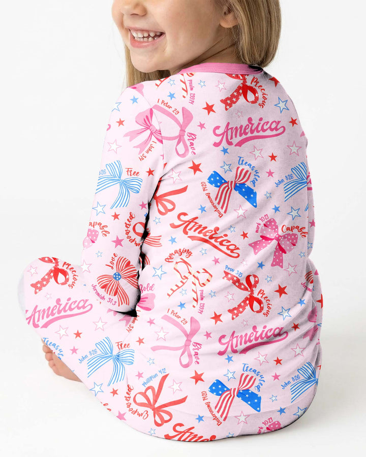 Pink Girly Patriotic Bamboo Two Piece Long Sleeve Pajama Set
