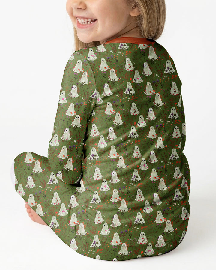 Cute Ghost Halloween Moss Green Floral Bamboo Two Piece Long Sleeve Pajama Set