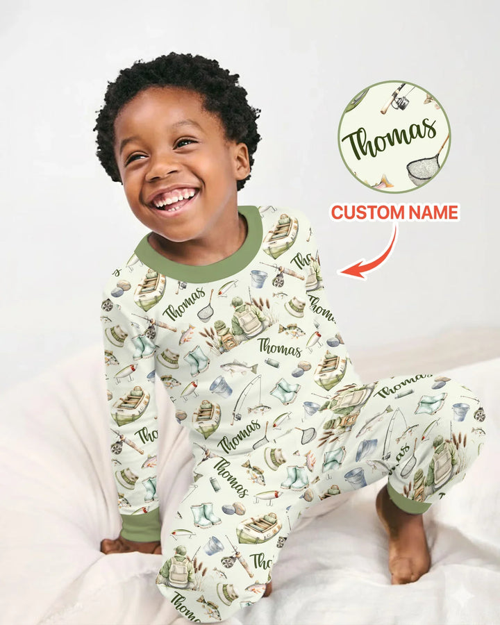 Custom Name Fishing Day Daddy & Me Matching Bamboo Two Piece Long Sleeve Pajama Set