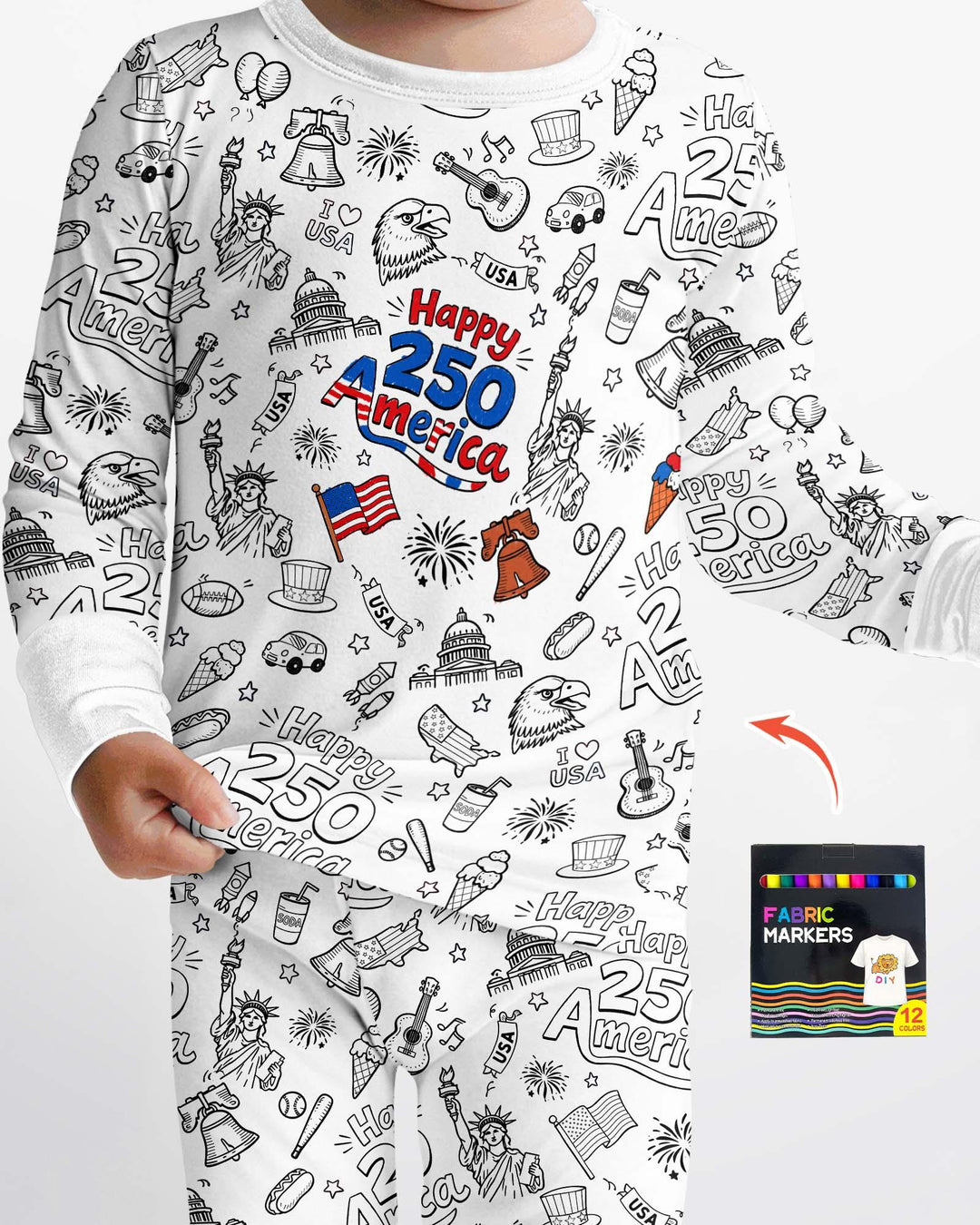 All Colorable Happy 250 America I love USA Bamboo Two Piece Long Sleeve Pajama Set
