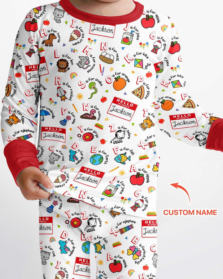 Custom Name Hello School ABCs Bamboo Two Piece Long Sleeve Pajama Set