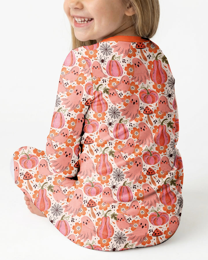 Pink Ghost Pumpkin Fall Floral Halloween Bamboo Two Piece Long Sleeve Pajama Set