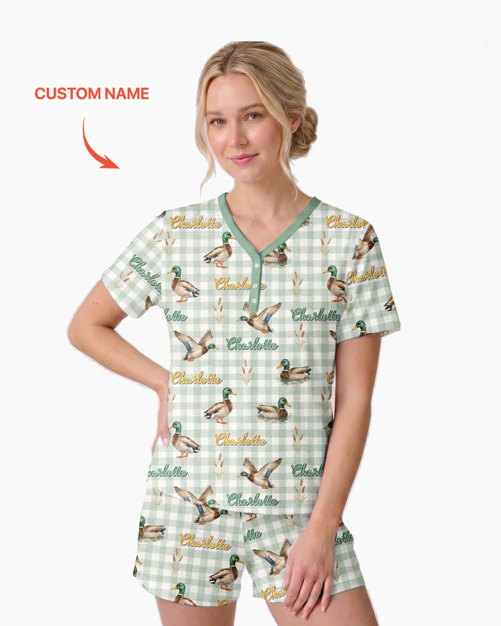 Mallard Duck Custom Name Bamboo Women Short Sleeve Short Pajama Set
