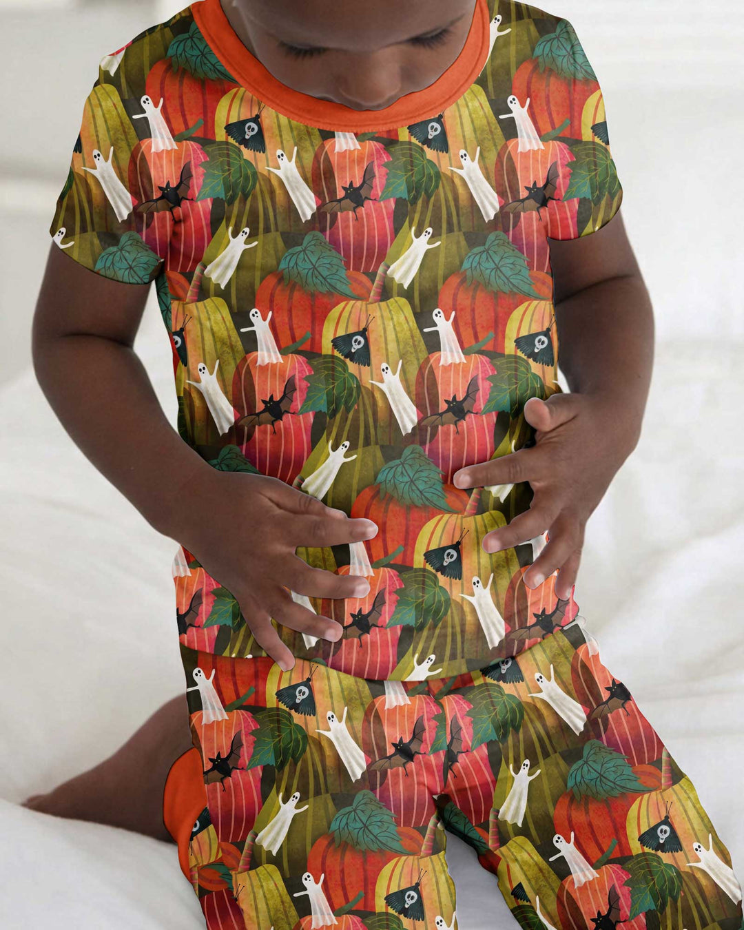 Big Pumpkin Field With Ghosts Bamboo Two Piece Short Sleeve Pajama Set