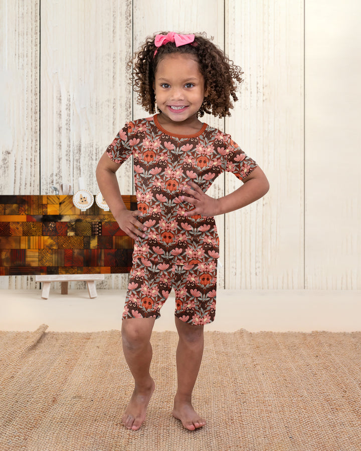 Spooky Owl Pumpkin Folk Floral Halloween Bamboo Two Piece Short Sleeve Shorts Pajama Set
