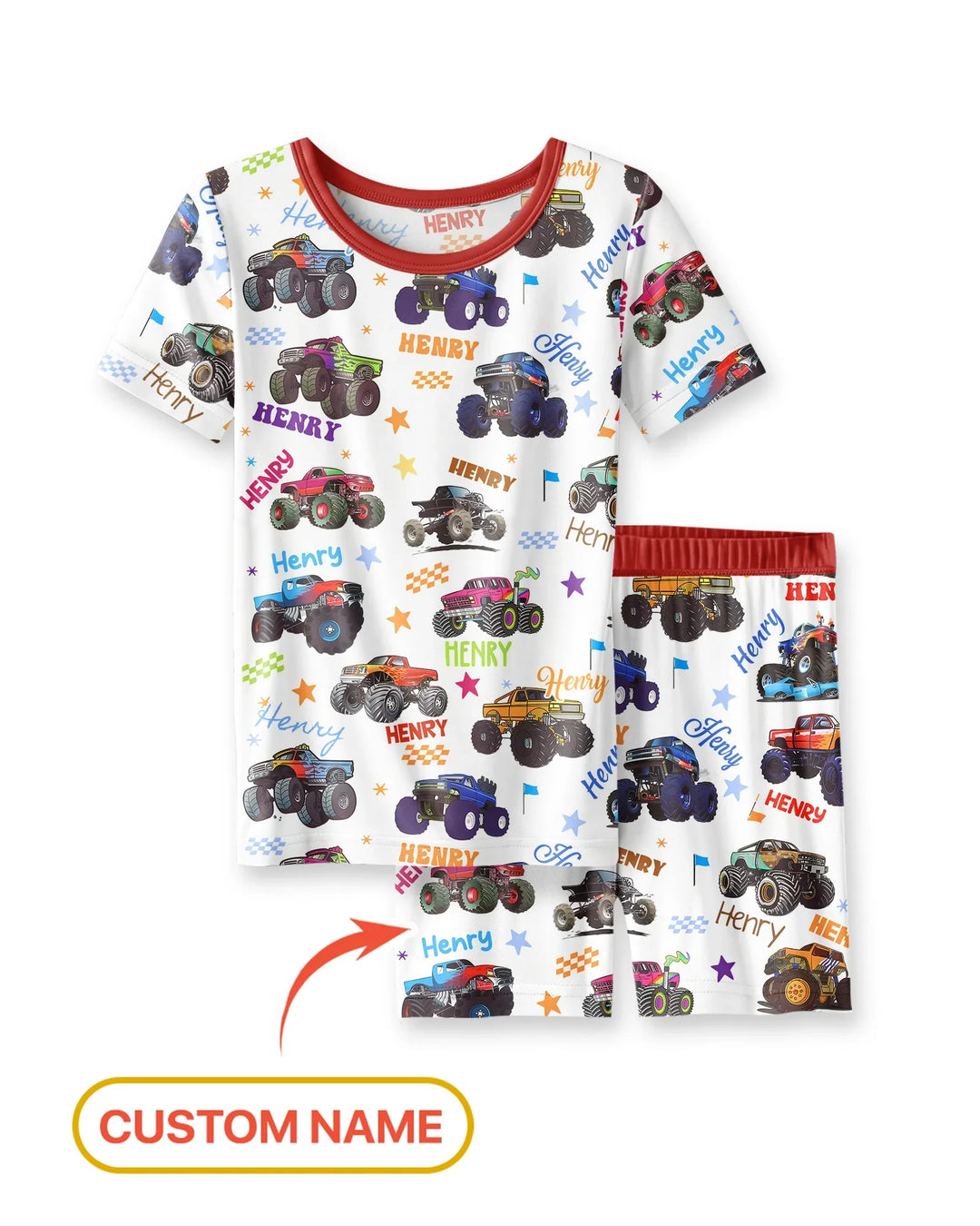 Monster Truck Custom Name Bamboo Two Piece Short Sleeve Shorts Pajama Set