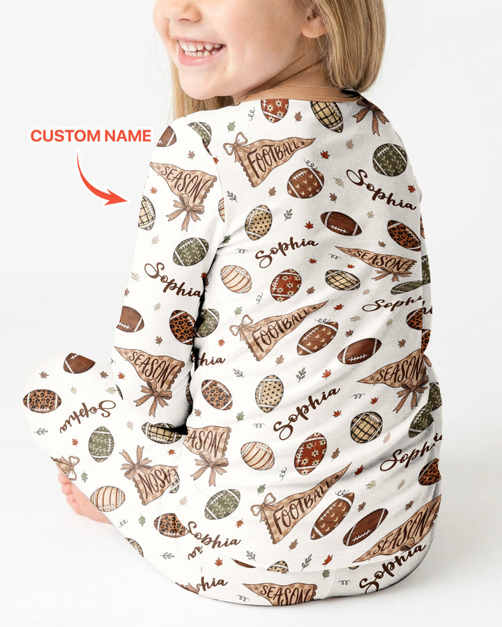 Custom Name Football Fall Season Bamboo Two Piece Long Sleeve Pajama Set