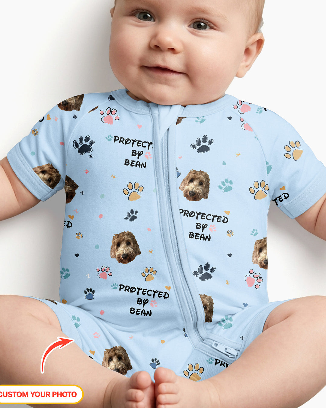 Custom Dog Photo Pattern "Protected By" Bamboo Shorty Zippered Romper