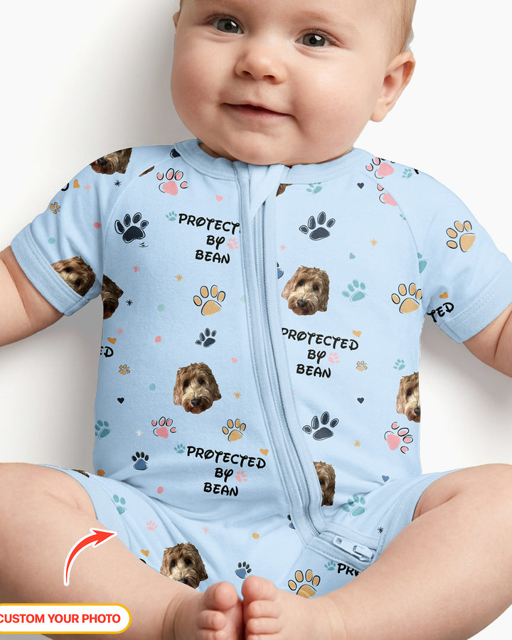 Custom Dog Photo Pattern "Protected By" Bamboo Shorty Zippered Romper