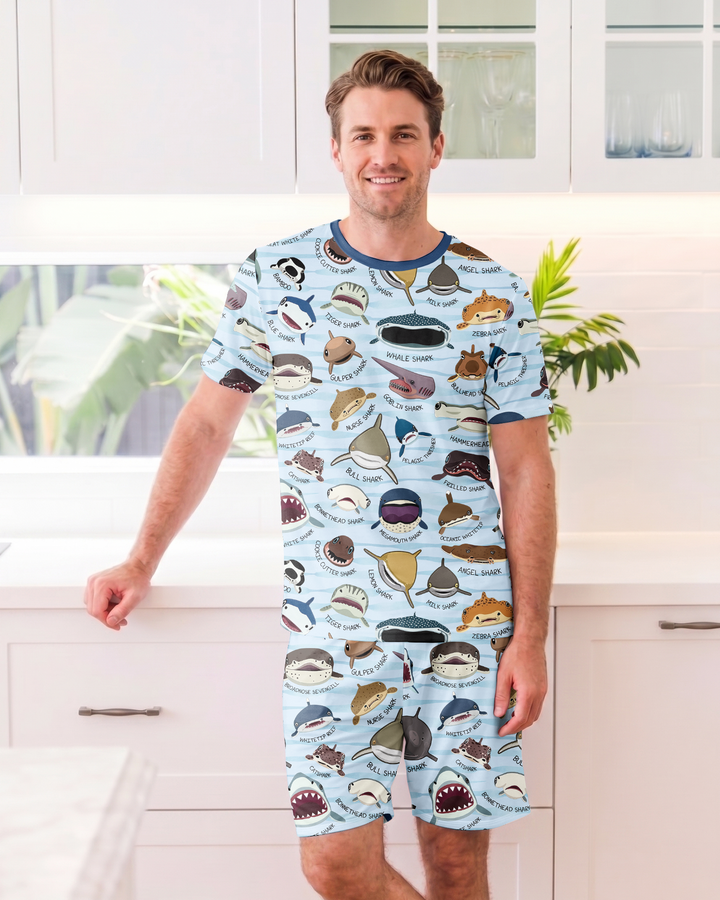 Shark Faces Bamboo Men Short Sleeve Short Pajama Set