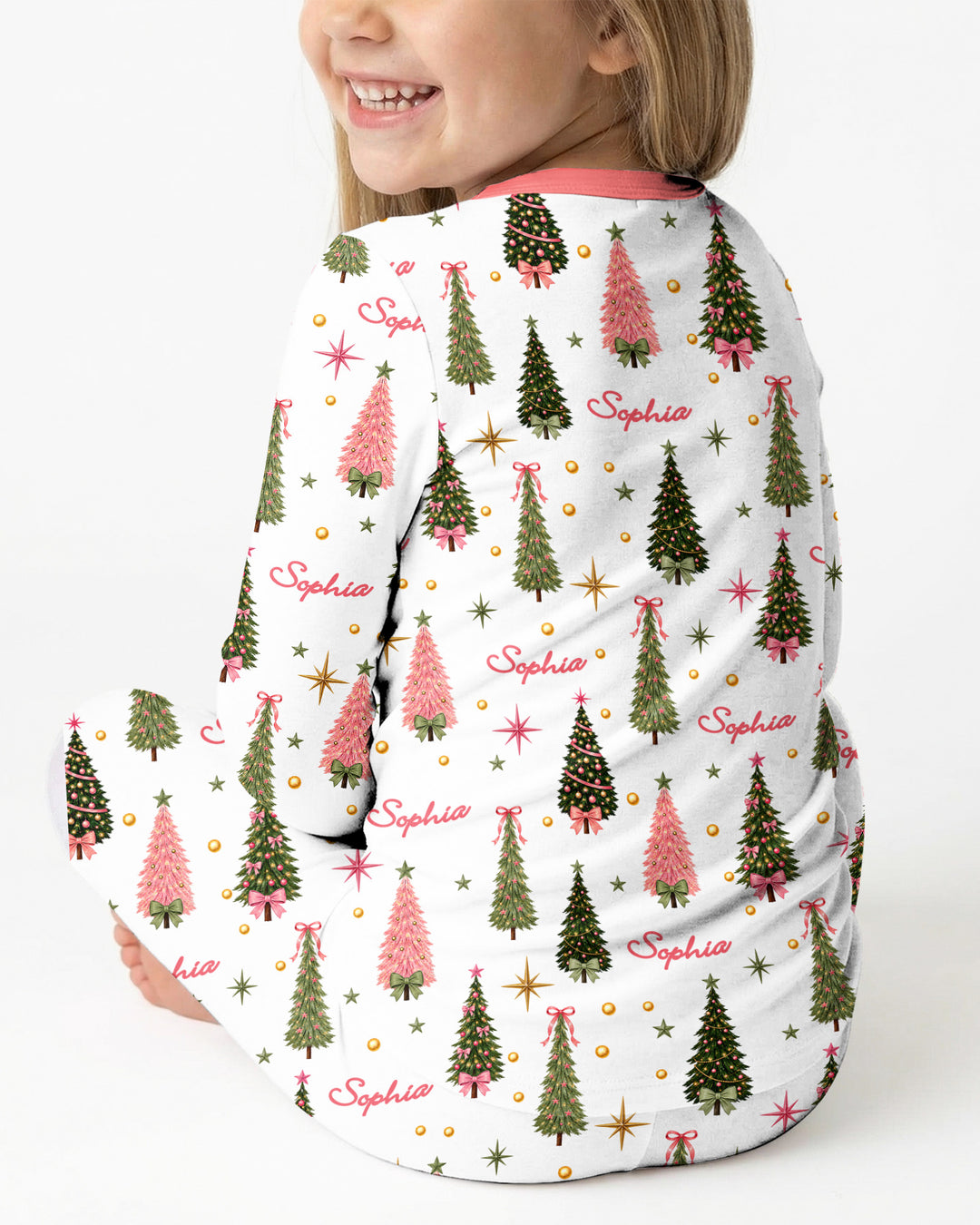 Custom Name Merry Christmas Tree Bamboo Two Piece Long Sleeve Pajama Set