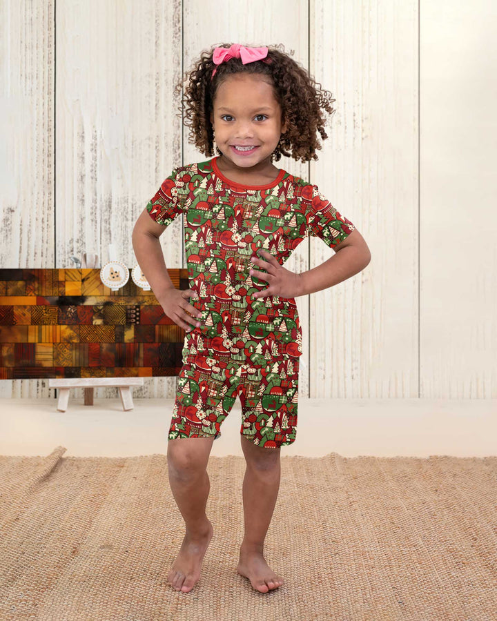 Christmas Time Mosaic Bamboo Two Piece Short Sleeve Shorts Pajama Set
