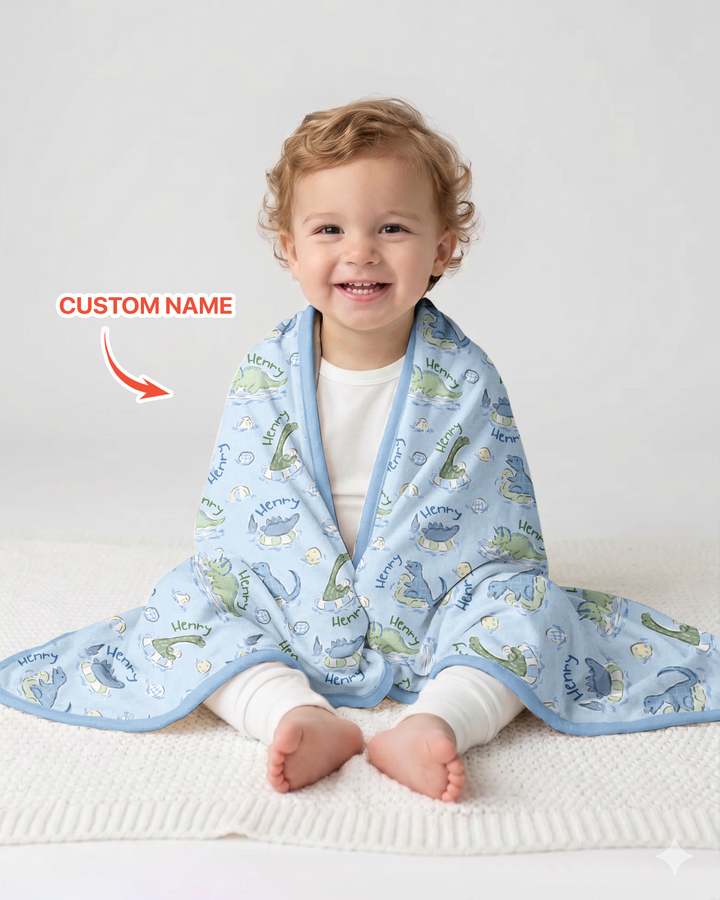 Dinos Swimming Custom Name Bamboo Blanket