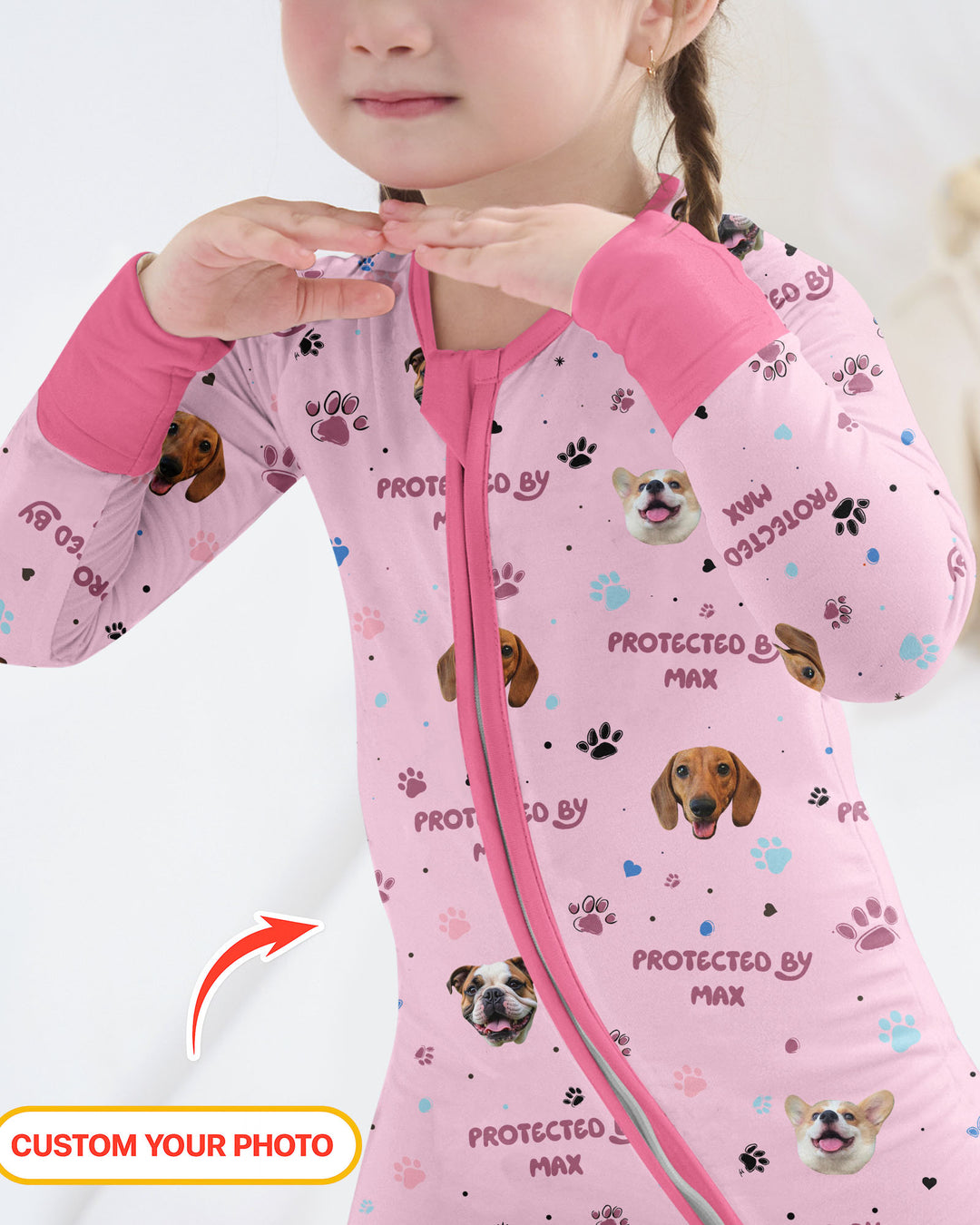 Fotos personalizadas de perros "Protegido por" Pawfect Pink Bamboo Convertible Zippy